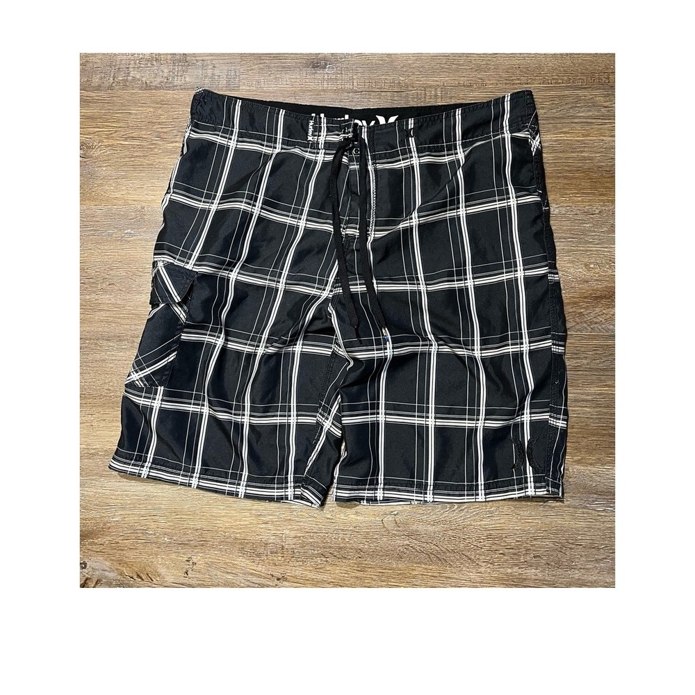 Hurley Mens Plaid Board Shorts Black White Size 38 Y2K Surf Swim Trunks